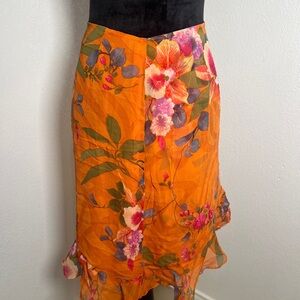 Neiman Marcus Asymmetrical Floral Skirt in Orange and Pink